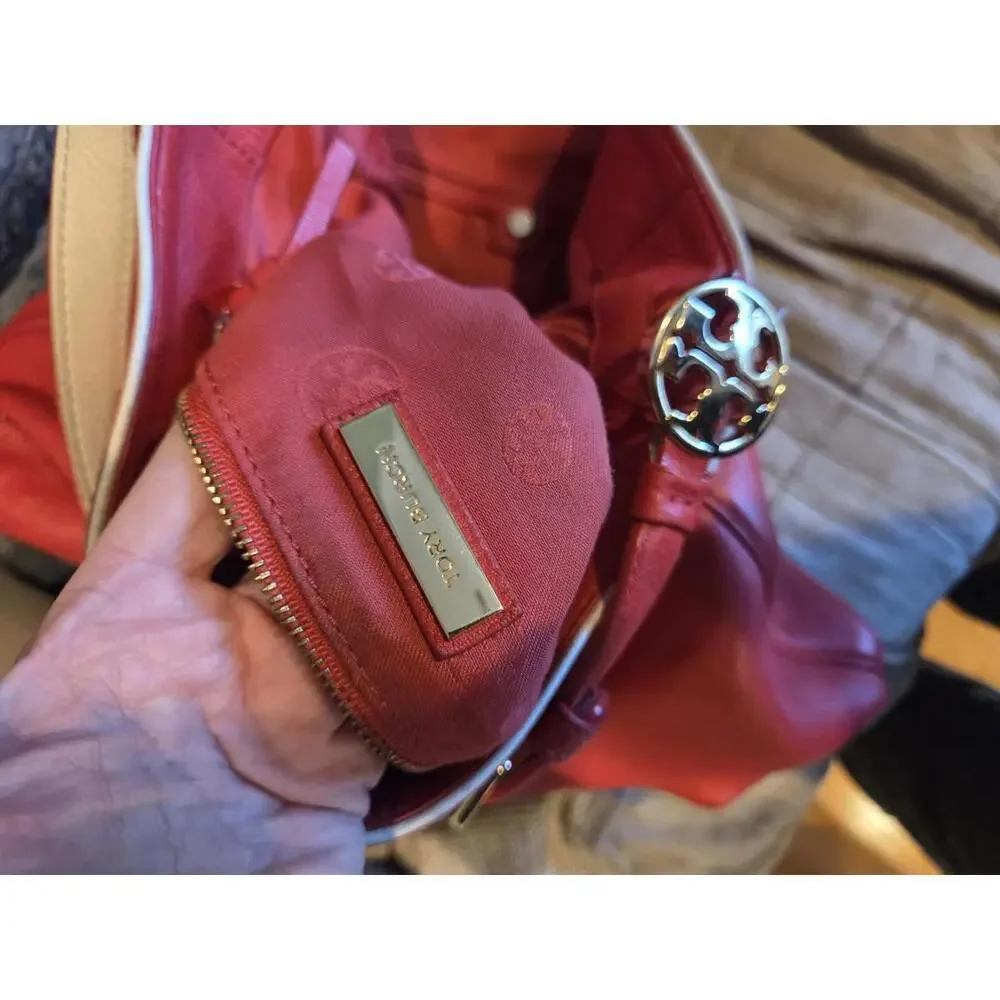 Tory Burch Red Leather boho Shoulder Bag with Logo Accent